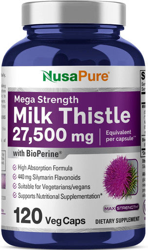 Nusapure Milk Thistle Extract 27,500Mg 120 Veggie Capsules (50:1 Extract, Non-Gmo, Vegan) Max Strength - Standardized 80% Silymarin, Bioperine