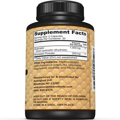 Sunergetic Premium Quercetin & Bromelain Supplement Powerful Quercetin Bromelain Complex To Help Support Immune System & Seasonal Support Quercetin 1000Mg Per Serving 60 Capsules