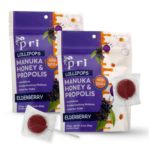 P.R.I Elderberry Manuka Honey Lollipops with Propolis & Menthol, MGO 300+, Natural Honey Pops, Individually Wrapped Throat Soothing Pops, 24 Count