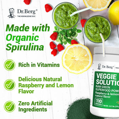 Dr. Berg's (Veggie Solution) Organic Super Greens Powder w/ Spirulina - Raw Green Powder Superfood - Vegetable Powder Supplement with Vitamins, Minerals, Enzymes, and Phytonutrients - 110 Servings