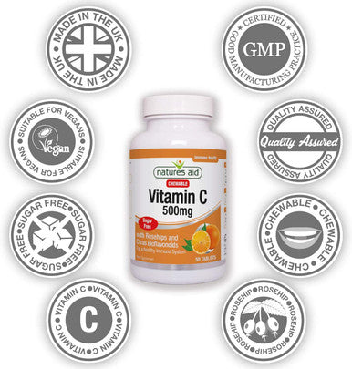 Natures Aid Chewable Vitamin C 500 mg Sugar Free Suitable for Vegans 50 Tablets