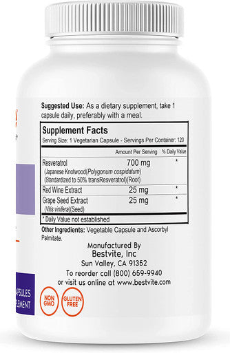 Resveratrol 700mg (120 Vegetarian Capsules) with Red Wine Extract & Grape Seed Extract - Standardized to 50% TransResveratrol - No Stearates - Vegan - Non GMO - Gluten Free