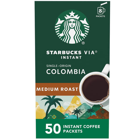 Starbucks VIA Instant Coffee, Medium Roast Coffee, Pike Place Roast, 100% Arabica, Single-Serve, 1 Box (50 Packets) | 100% Arabica instant coffee packets; Pike Place Roast medium roast; 1 box, 50 packets