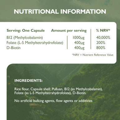 Barefoot Nutrition - B12 Complete High Strength Supplement Methylated B 12 (1000Ãƒâ€šÃ‚Âµg) - with Cofactors Methyl folate (400Ãƒâ€šÃ‚Âµg) & D-Biotin (400Ãƒâ€šÃ‚Âµg) - 60 x 1 A Day Vegan-Friendly Capsules
