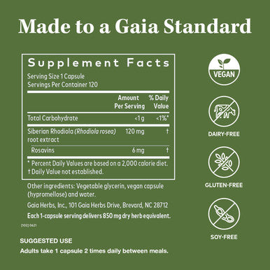 Gaia Herbs Rhodiola Rosea - Support Supplement Traditionally for Supporting Healthy Stamina and Endurance - With Siberian Rhodiola Root Extract - 120 Vegan Liquid Phyto-Capsules (60-Day Supply)
