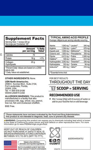 USN Supplements Collagen Peptides Grass Fed Protein Powder with 20g Collagen and 18g Protein - Keto and Paleo Friendly, Unflavored, 21.16 Oz