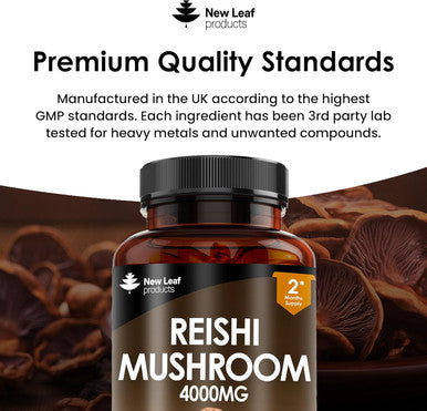 Reishi Mushroom Capsules - High Strength 4000Mg Mushroom Supplements - 120 Vegan Mushroom Powder Capsules - Reishi Supplement 100% From The Fruiting Body Made In Uk By Leaf