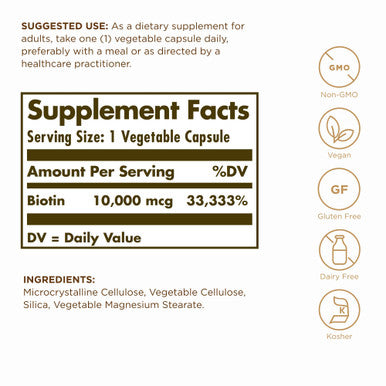 Solgar Super High Potency Biotin 10 000 Mcg - 120 Vegetable Capsules Pack Of 2 - Supports Healthy Skin Nails & Hair - Non-Gmo Vegan Gluten & Dairy Free - 240 Total Servings