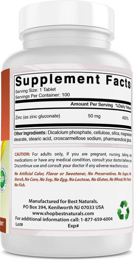 Best Naturals Zinc 50mg Supplements (as Zinc Gluconate) - Zinc Vitamins for Adults Immune Support - 100 Tablets (100 Count (Pack of 1))
