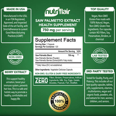 NutriFlair Saw Palmetto Extract 750mg, 120 Capsules - Prostate Supplement & Berry Health Support - Helps Block DHT to Prevent Hair Loss and Helps Reduce Frequent Urination, for Women and Men