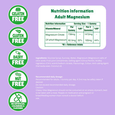 Chewy Vites Adult Gummies Magnesium Citrate 736mg Offering 82.5mg of Elemental Magnesium 60 Vitamin Gummies 2 Months Supply Real Fruit Juice Vegan Berries Flavour