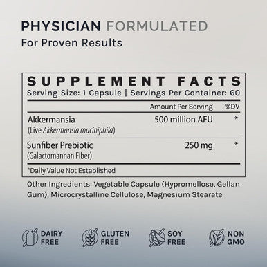 Akkermansia Muciniphila, 60 Capsules (60 Day Supply), Gut Health Support For Women & Men, Probiotic With Prebiotic Fiber, Increases Glp-1 Production, Delayed Release, 500M Afu Live Strain
