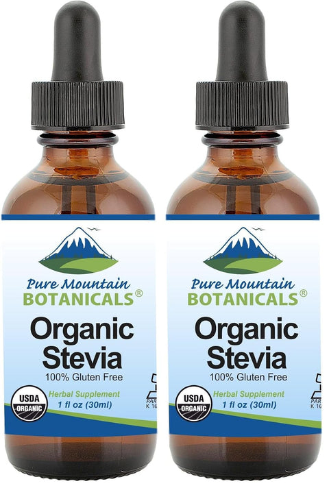 Pure Mountain Botanicals Organic Liquid Stevia Sweetener Alcohol and Kosher Sweet Sugar Substitute Stevia Drops 1oz Glass Bottle