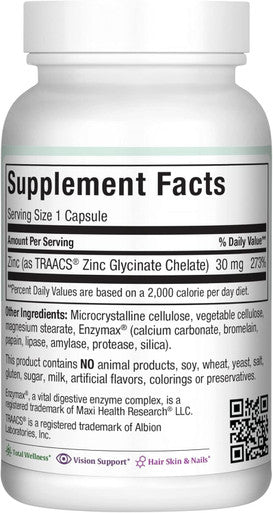 Maxi Health Zinc 30 - Zinc Vitamin with Enzymax for Enhanced Absorption - Highest Potency Immune Support - Glycinate Chelated Zinc Supplements for Adults - Zink Vitaminas - Kosher Made in USA - 100 Count Capsules