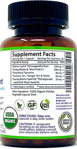 Bodymune Memory Support Supplement for Occasional Memory Loss Mental Fatigue Mental Exhaustion Organic Ginkgo Biloba Ashwagandha Brahmi Chlorella Spirulina Noni Essential Oils More 60Day Supply