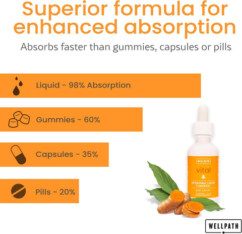 Wellpath Liposomal Curcumin Supplement Liquid Turmeric Drops With Black Pepper Extract Enhanced Absorption Non-Gmo Vegan 2 Oz