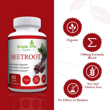 Organic Beet Root Powder Capsules - Nitric Oxide Booster For Men & Women - Organic Non-Gmo Gluten Vegan Beets - 60Ct