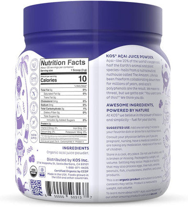 Kos Organic Acai Juice Powder - Usda Certified Organic, Plant Based Superfood Antioxidants, Superberry From Brazil, Great For Smoothies And Bowls, 0G Sugar, Vegan, Gluten-, Non-Gmo - 120 Servings