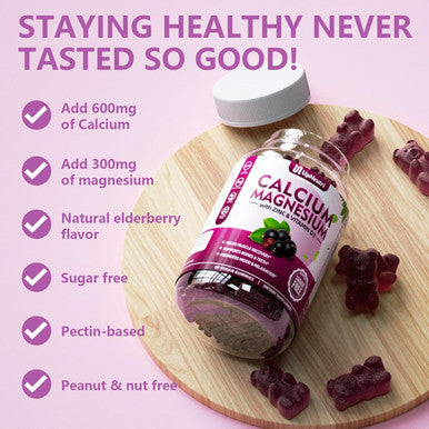 Calcium Magnesium Zinc With Vitamin D3 Supplement, Sugar Calcium Gummies For Women Men, High Absorption Zinc Gummies For Bone & Muscle & Immune Health, Vegan Elderberry Flavor - 60 Count