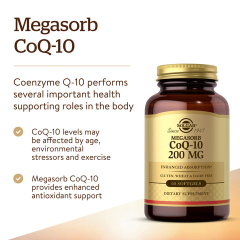 Solgar Megasorb Coq-10 200 Mg 60 Softgels - Supports Heart & Brain Function - Coenzyme Q10 Supplement - Enhanced Absorption - Gluten Free Dairy Free 60 Servings