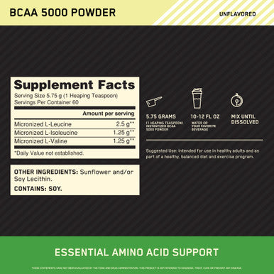 Optimum Nutrition Instantized Bcaa Powder Unflavored Keto Friendly Branched Chain Essential Amino Acids Powder 5000Mg 60 Servings (Packaging May Vary)