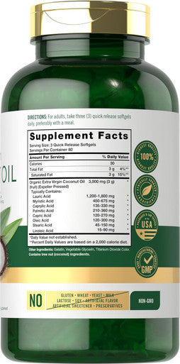 Carlyle Coconut Oil Extra Virgin Softgel Capsules | 3000mg | 240 Count | Naturally Occurring MCTs | Non-GMO and Gluten Supplement