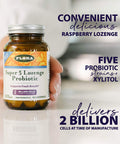 Flora Super 5 Lozenge Probiotic Raspberry Flavored Oral Probiotic Good for Bad Breath Five Strains with 2 Billion CFU Regain and Retain Gut Health RAW 60 Lozenges