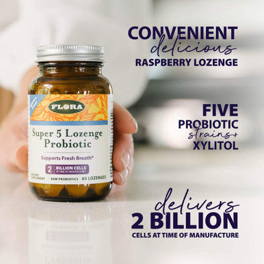 Flora Super 5 Lozenge Probiotic Raspberry Flavored Oral Probiotic Good for Bad Breath Five Strains with 2 Billion CFU Regain and Retain Gut Health RAW 60 Lozenges