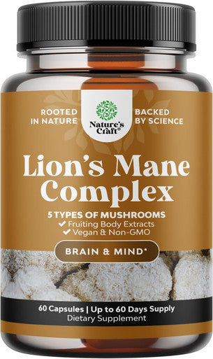 Natures Craft Advanced Lion's Mane Mushroom Supplement - Lions Mane Supplement Capsules with 5X Fruiting Body Mushroom Complex with Chaga Maitake Shiitake and Reishi - Brain Booster Nootropic Supplement (60 Caps)