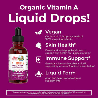 Maryruth Organics USDA Organic Vitamin A Liquid Drops | 3 Month Supply | Immune Support Eye Health Skin Health for Ages 14+ | 750mcg per Serving | Sugar | Vegan | Non-GMO | Gluten | 1oz