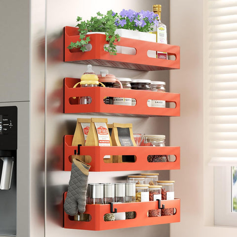 4-Pack Magnetic Spice Rack for Refrigerator with Hooks, Pink | Strong multipurpose magnetic shelf for kitchen & bathroom organization. Includes 4 removable hooks for hanging items.