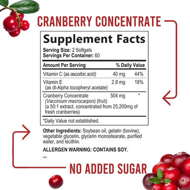 Cranberry Concentrate Extract 25,000mg + Vitamin E & C, Triple Strength Capsules, Supports Urinary Health & Immune System Cranberry Pills for Women & Men, Nature's Non-GMO Supplement - 120 Softgels