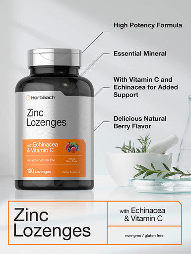 Zinc Lozenges | 120 Count | with Echinacea & Vitamin C | Vegetarian, Non-GMO, & Gluten Free Supplement | Natural Berry Flavor | by Horbaach