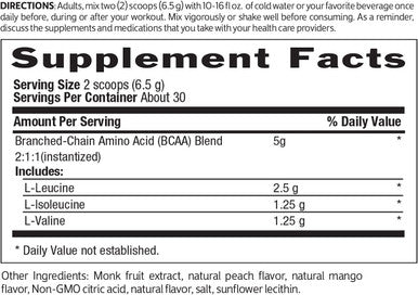 Biochem Vegan Instantized BCAA Powder Great Tasting Natural Peach Mango 211 Ratio Supports Protein Synthesis Muscle Recovery Pre Intra Post Workout Nothing Artificial 30 Servings