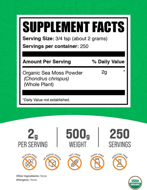 BulkSupplements.com Organic Irish Sea Moss Powder - Sea Moss Supplement, Superfood Supplement - Vegan & Gluten Free, 2g per Serving, 500g (1.1 lbs) (Pack of 1)