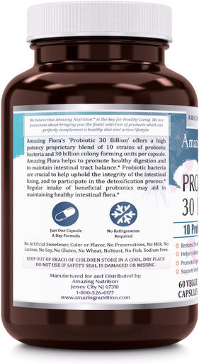 Amazing Nutrition Flora Probiotic 10 Best Probiotics Strains | 30 Billion | 60 Veggie Capsules Supplement | Non-GMO | Gluten | Suitable for Vegetarians | Made in USA