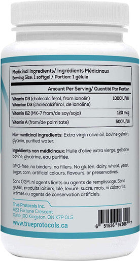 TRUE PROTOCOLS - Vitamin D-K2 Balance - Vitamin D3 (1000 IU) + Vitamin K2 MK7 (120 mcg) + Vitamin A (500 IU) - 120 Bioavailable Softgels For Strong Bones