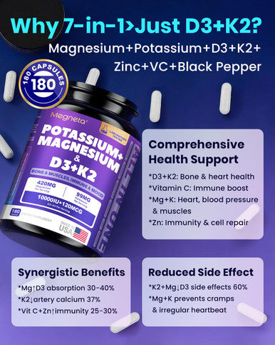Megneta 180 Capsules Magnesium Glycinate Potassium Vitamin D3 10000Iu K2 Mk-7 Supplement - High-Potency Synergistic Complex For Bone Heart Immune Health Mood Balance & Energy Support
