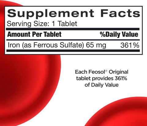 Feosol Original Iron Supplement Tablets Nonheme 325mg Ferrous Sulfate (65mg Elemental Iron) per Iron Pill 1 Per Day 120ct 4 Month Supply for Energy and Immune System Support Made in USA