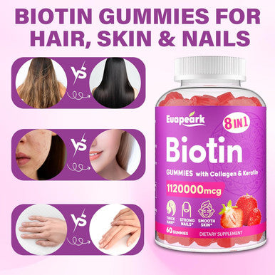 Biotin Gummies 20000 Mcg, Biotin For Hair Growth Women, 8-In-1 Biotin Gummies With Collagen, Keratin & Folic Acid, Biotin Gummies For Women, Biotin Gummies For Hair Skin & Nails, Non-Gmo, 120 Servings