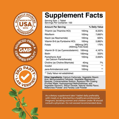 Natures Craft Vitamin B Complex Adult Multivitamin - Super B Complex Vitamins for Immune Support Mood Boost and Memory Supplement for Brain Support - Natural Energy Supplement with Active B Complex Vitamins