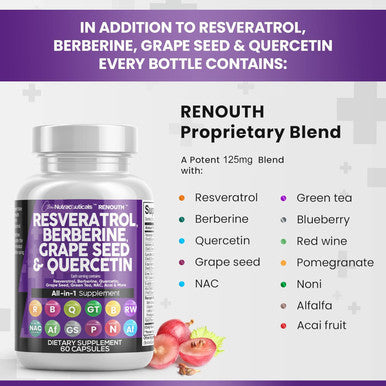 Clean Nutraceuticals Resveratrol Berberine Grape Seed Extract Quercetin Green Tea Extract Polyphenol Supplement For Women & Men W/N-Acetyl Cysteine, Acai Extract - 1Pack