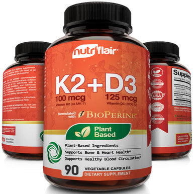 NutriFlair Vitamins D3 (5000iu/125mcg) + K2 (as Mk7) - Made with Plant-Based Ingredients Plus BioPerine Black Extract, 90 Capsules - Supports Healthy Immune, Heart and Health - Non-GMO Pills