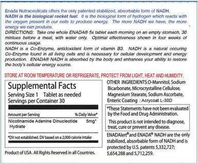 ENADA 5X NADH Supplement Reduced Nad 30 Tablets 1 per serving