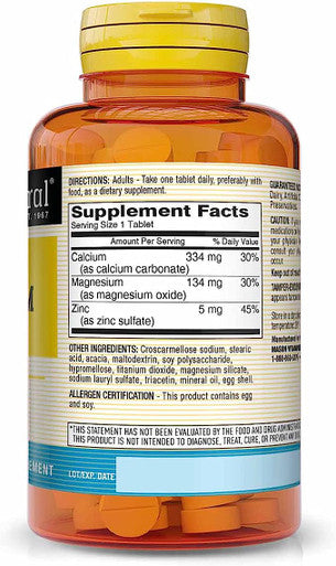Mason Natural Calcium Magnesium & Zinc - Supports Healthy Bones, Enhances Muscle And Nerve Function, Immune System Booster, 100 Tablets (Pack Of 3)