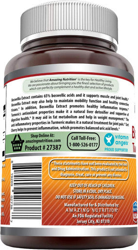 Amazing Nutrition Formulas Boswellia Extract Turmeric and Tart Cherry 2400mg Veggie Capsules | Non-GMO | Gluten | Made in USA | Ideal for Vegetarians (120)