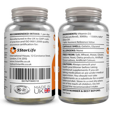 5StarLife Vitamin D3 3000iu, 120 Softgel Capsules, Daily VIT D3, 4 Months Supply