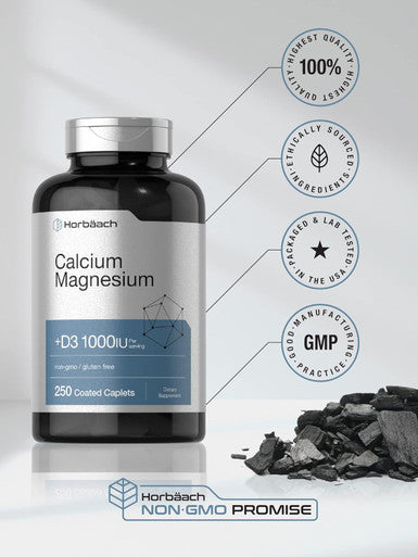 HorbAach Calcium Magnesium D3 Supplement 1000 Iu D3 250 Coated Caplets Non-Gmo & Gluten Free