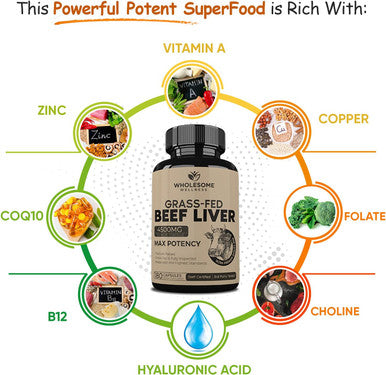 Wholesome Wellness Grass Fed Desiccated Beef Liver Capsules (180 Pills, 750mg Each) - Natural Iron, Vitamin A, B12 for Energy - Humanely Pasture Raised Undefatted in New Zealand Without Hormones or Chemicals