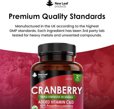 Cranberry Tablets Triple Strength 30,000Mg - 120 Cranberry Supplements Enriched With Vitamin C & D - Cranberry Supplements For Women And Men - Vegan Cranberry Tablets Made In Uk By Leaf